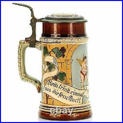 J. W. Remy 1370 Antique Etched Lidded Mug German Beer Stein -Cherub and Troubador