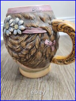 J. W. Remy 766 Antique German Character Beer Stein. 5L JWR Woman with Flower COLOR