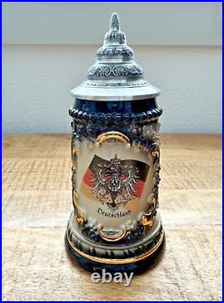 King German Beer Stein Deutschland Hand Painted Handmade Flag Lidded