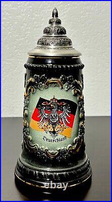 King German Beer Stein Handmade Hand Painted Deutschland Flag Lidded