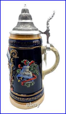 King German Beer Stein Santa Claus Christmas Sleigh withtag 9.5 97% Pewter Lid