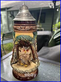 King Tierwelt Wildlife Owl German Beer Lidded Stein 3D Tierleben Wild Species