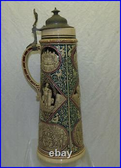 Large Antique 17 Tall King Solomon 3L German Beer Stein with Pewter Lid Salomon