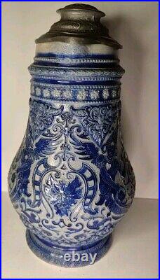 Large Antique German Beer Stein Pitcher Jug Cobalt Blue Glaze Uncommon Design