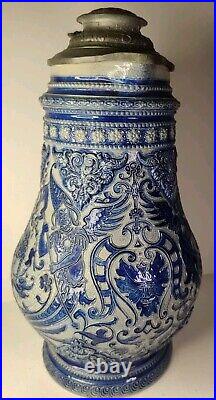 Large Antique German Beer Stein Pitcher Jug Cobalt Blue Glaze Uncommon Design