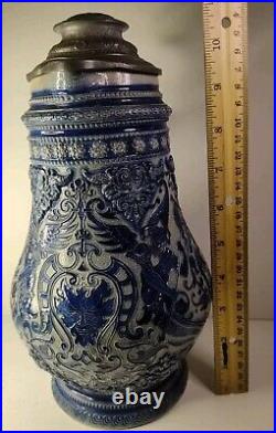 Large Antique German Beer Stein Pitcher Jug Cobalt Blue Glaze Uncommon Design