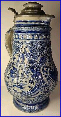 Large Antique German Beer Stein Pitcher Jug Cobalt Blue Glaze Uncommon Design