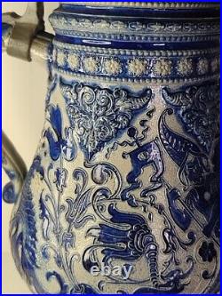 Large Antique German Beer Stein Pitcher Jug Cobalt Blue Glaze Uncommon Design