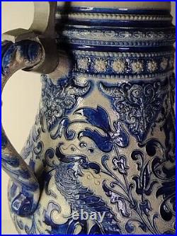 Large Antique German Beer Stein Pitcher Jug Cobalt Blue Glaze Uncommon Design