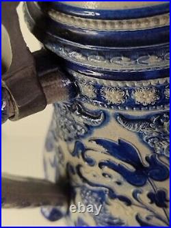 Large Antique German Beer Stein Pitcher Jug Cobalt Blue Glaze Uncommon Design