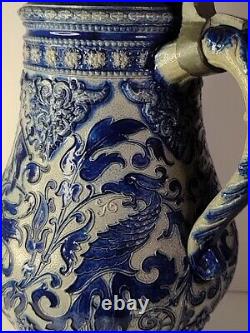 Large Antique German Beer Stein Pitcher Jug Cobalt Blue Glaze Uncommon Design