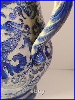 Large Antique German Beer Stein Pitcher Jug Cobalt Blue Glaze Uncommon Design