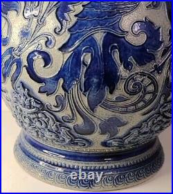 Large Antique German Beer Stein Pitcher Jug Cobalt Blue Glaze Uncommon Design