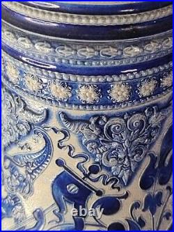 Large Antique German Beer Stein Pitcher Jug Cobalt Blue Glaze Uncommon Design