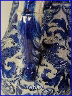 Large Antique German Beer Stein Pitcher Jug Cobalt Blue Glaze Uncommon Design