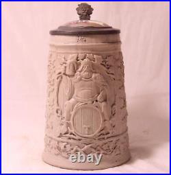 Large Antique German Regensburg Beer Stein King Gambrinus Humorous Inlay c. 1870s