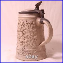 Large Antique German Regensburg Beer Stein King Gambrinus Humorous Inlay c. 1870s