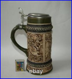 Large Collectible Vintage German Beer Stein Mug Lid Hunting Pewter Erbo Zinn 1L