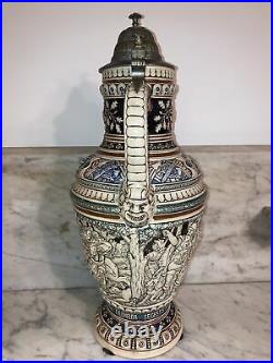 Large German Beer Stein, 16.5/17 inch Pitcher Pewter and Ceramic