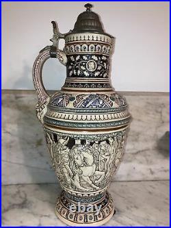 Large German Beer Stein, 16.5/17 inch Pitcher Pewter and Ceramic