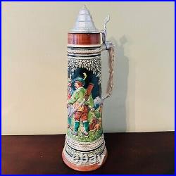 Large German Gerz Hunting Scene 4 L Ceramic Beer Stein Tankard Pewter Lid 19.5'