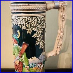 Large German Gerz Hunting Scene 4 L Ceramic Beer Stein Tankard Pewter Lid 19.5'