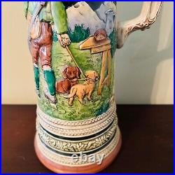 Large German Gerz Hunting Scene 4 L Ceramic Beer Stein Tankard Pewter Lid 19.5'