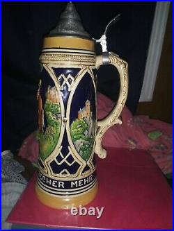 Large Vintage Beer Stein Tankard German Lidded Germany Bar Decor 13 ½