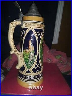 Large Vintage Beer Stein Tankard German Lidded Germany Bar Decor 13 ½