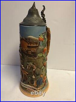 Large Vintage German Beer 1-1/2 L Stein/Pewter LidChalet, Alm, Apples #875ST87