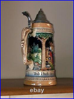 Large Vintage German Beer Stein, Colorful 11 Tall Lidded Mug Painted, Glazed
