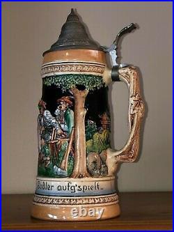 Large Vintage German Beer Stein, Colorful 11 Tall Lidded Mug Painted, Glazed