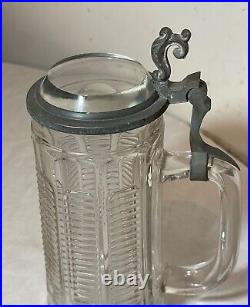 Large antique 1800's clear glass pewter German lidded beer stein mug pitcher