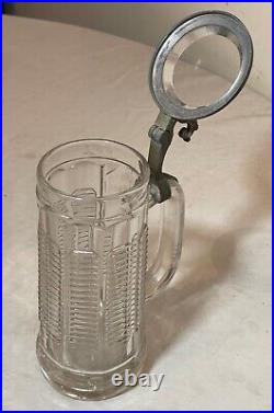 Large antique 1800's clear glass pewter German lidded beer stein mug pitcher
