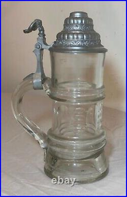 Large antique 1800s hand blown glass pewter German lidded beer stein mug pitcher