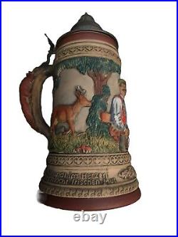 Large14 Vintage German Beer Stein 1127 Hunt Scene Deer Stag 1-1/2 Litre