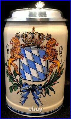 Lion Crested München German Ceramic/ Aluminum Lidded Rein-Zinn Beer Stein MUNICH
