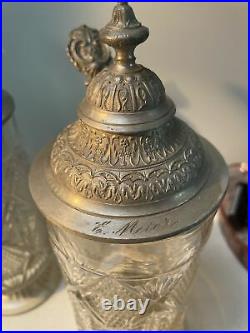 Lot 2 Antique Heavy Glass Cut Glass German Beer Stein Pewter Lid Circa late1800s