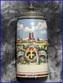 Martin Pauson Munich Hand Painted 1 Liter German Bier Stein Ceramic With Lid