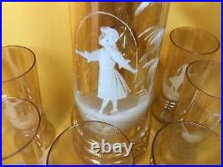 Mary Gregory Style German Amber 2L Glass Beer Stein/Server with Six 7 Glasses