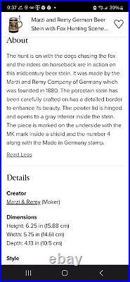 Marzi & Remy German Lidded Beer Stein Pewter Lid The Hunt -& GERZ Stein Set