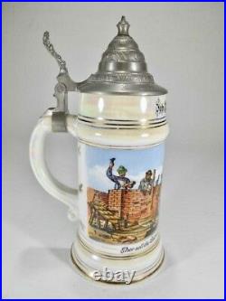 Masonic German hand painted lidded beer stein with lithophane Tankard (#1384)