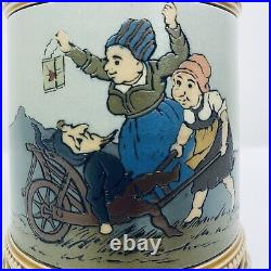 Mettlach 1480 Antique German Beer Stein Drunken Gnome in Wheel Barrow