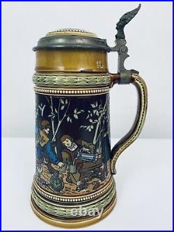 Mettlach 1527 Antique German Beer Stein 1 LITER Warth Old German Drinking Group