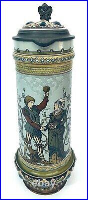Mettlach 1734 Antique German Beer Stein Larger 2.1L LOVERS Wedding Gift C Warth