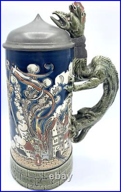 Mettlach 1786 Antique German Beer Stein Florian Dragon Handle