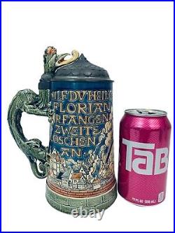 Mettlach 1786 Antique German Beer Stein St Florian. 5 Liter Dragon Handle O Hupp