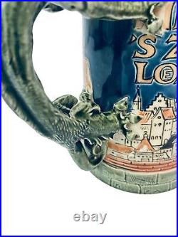 Mettlach 1786 Antique German Beer Stein St Florian. 5 Liter Dragon Handle O Hupp