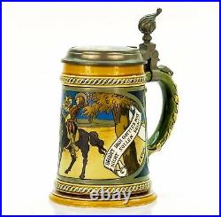 Mettlach #2008 Antique Etched German Mug Inlaid Lidded Beer Stein Margaretha