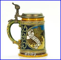 Mettlach #2008 Antique Etched German Mug Inlaid Lidded Beer Stein Margaretha